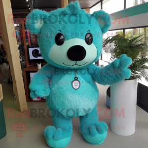 Teal Bear mascot costume character dressed with a Playsuit and Hair clips