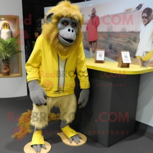 Lemon Yellow Baboon mascot costume character dressed with a Cardigan and Shoe clips