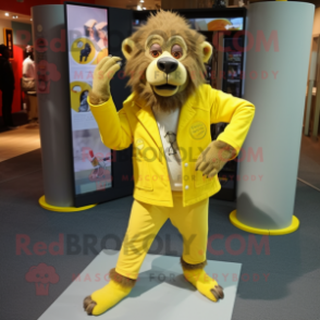 Lemon Yellow Baboon mascot costume character dressed with a Cardigan and Shoe clips