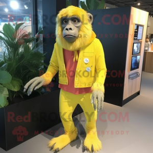 Lemon Yellow Baboon mascot costume character dressed with a Cardigan and Shoe clips