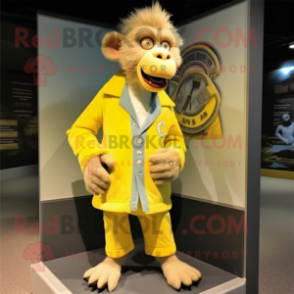 Lemon Yellow Baboon mascot costume character dressed with a Cardigan and Shoe clips