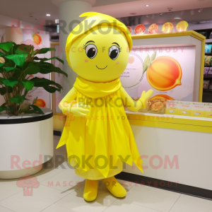 Lemon Yellow Cherry mascot costume character dressed with a Wrap Skirt and Scarf clips