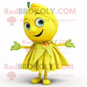 Lemon Yellow Cherry mascot costume character dressed with a Wrap Skirt and Scarf clips