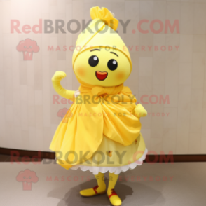 Lemon Yellow Cherry mascot costume character dressed with a Wrap Skirt and Scarf clips