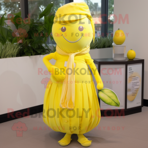 Lemon Yellow Cherry mascot costume character dressed with a Wrap Skirt and Scarf clips