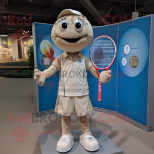 Beige Tennis Racket mascot costume character dressed with a Henley Shirt and Rings