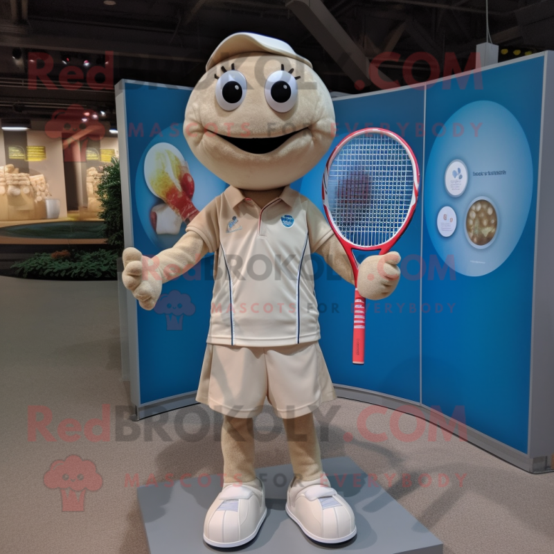 Beige Tennis Racket mascot costume character dressed with a Henley Shirt and Rings Beige Tennis Racket mascot costume character dressed with a Henley Shirt and Rings