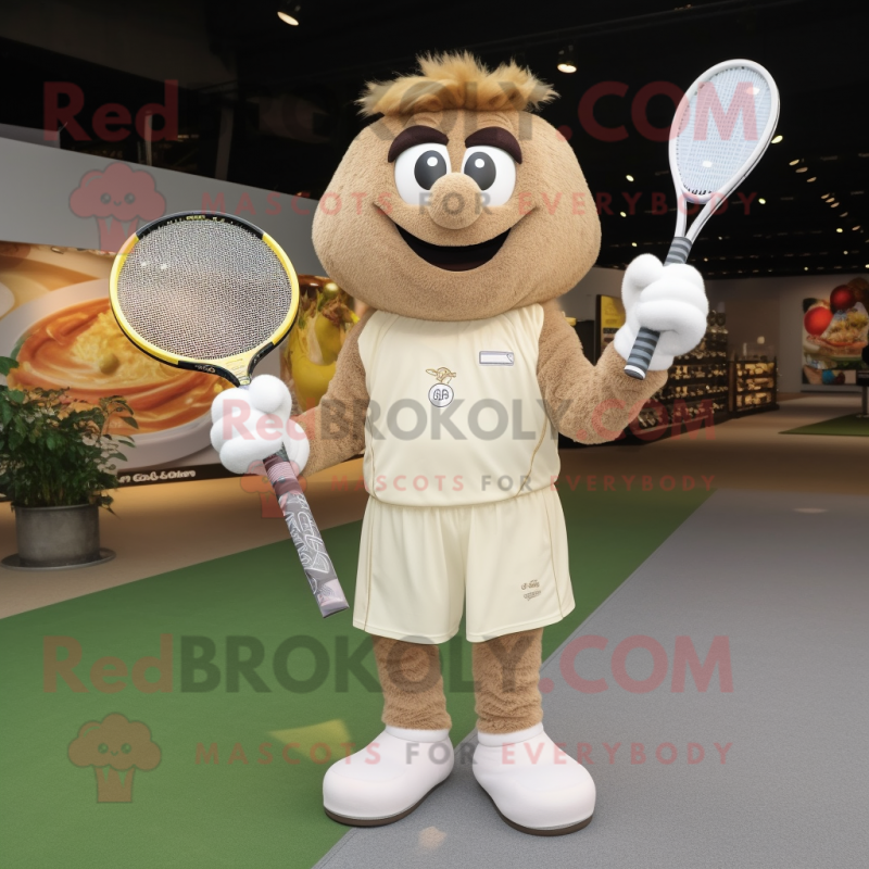 Beige Tennis Racket mascot costume character dressed with a Henley Shirt and Rings Beige Tennis Racket mascot costume character dressed with a Henley Shirt and Rings