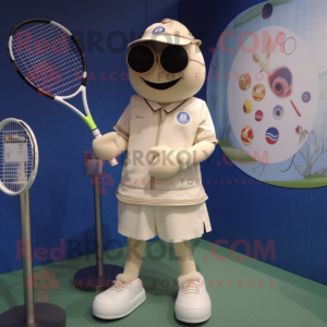 Beige Tennis Racket mascot costume character dressed with a Henley Shirt and Rings