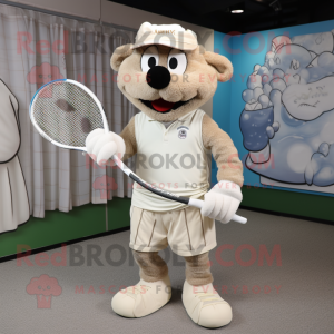 Beige Tennis Racket mascot costume character dressed with a Henley Shirt and Rings