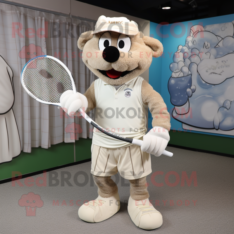 Beige Tennis Racket mascot costume character dressed with a Henley Shirt and Rings Beige Tennis Racket mascot costume character dressed with a Henley Shirt and Rings