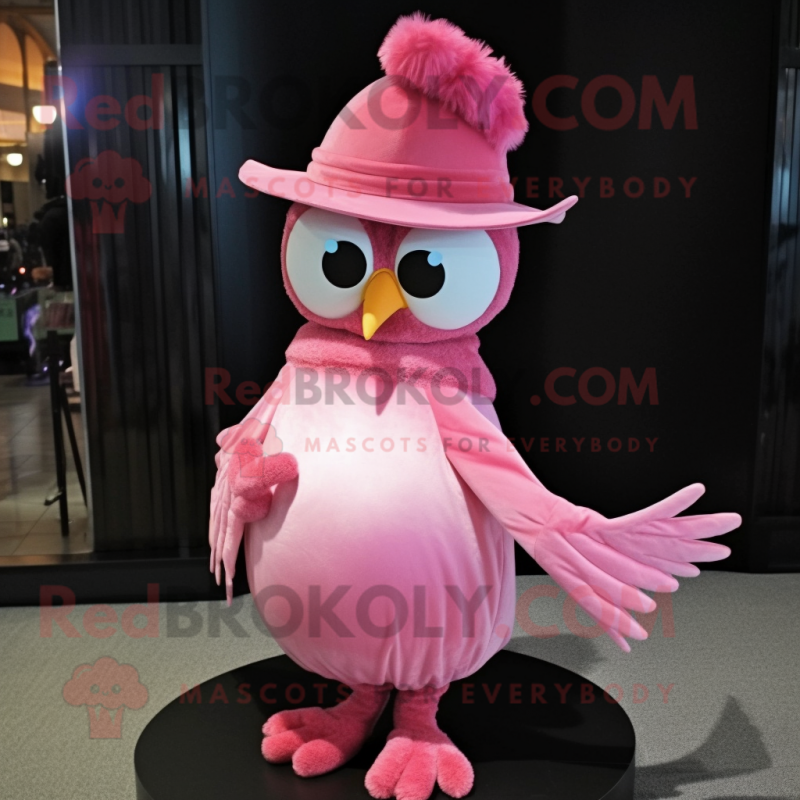 Pink Owl mascot costume character dressed with a Evening Gown and Caps