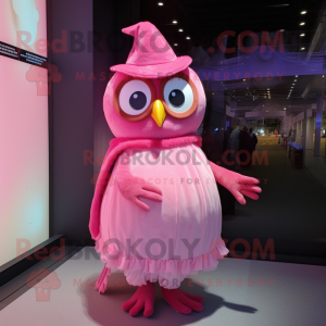 Pink Owl mascot costume character dressed with a Evening Gown and Caps