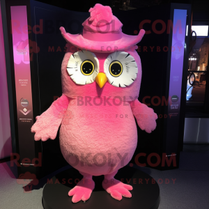 Pink Owl mascot costume character dressed with a Evening Gown and Caps