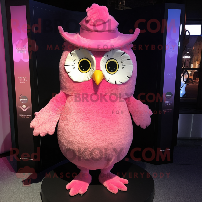 Pink Owl mascot costume character dressed with a Evening Gown and Caps Pink Owl mascot costume character dressed with a Evening Gown and Caps