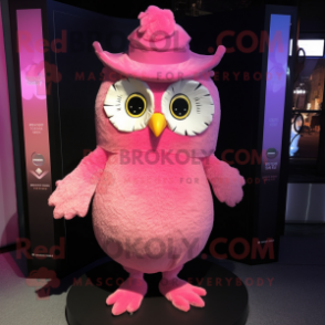 Pink Owl mascot costume character dressed with a Evening Gown and Caps