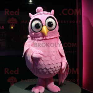 Pink Owl mascot costume character dressed with a Evening Gown and Caps
