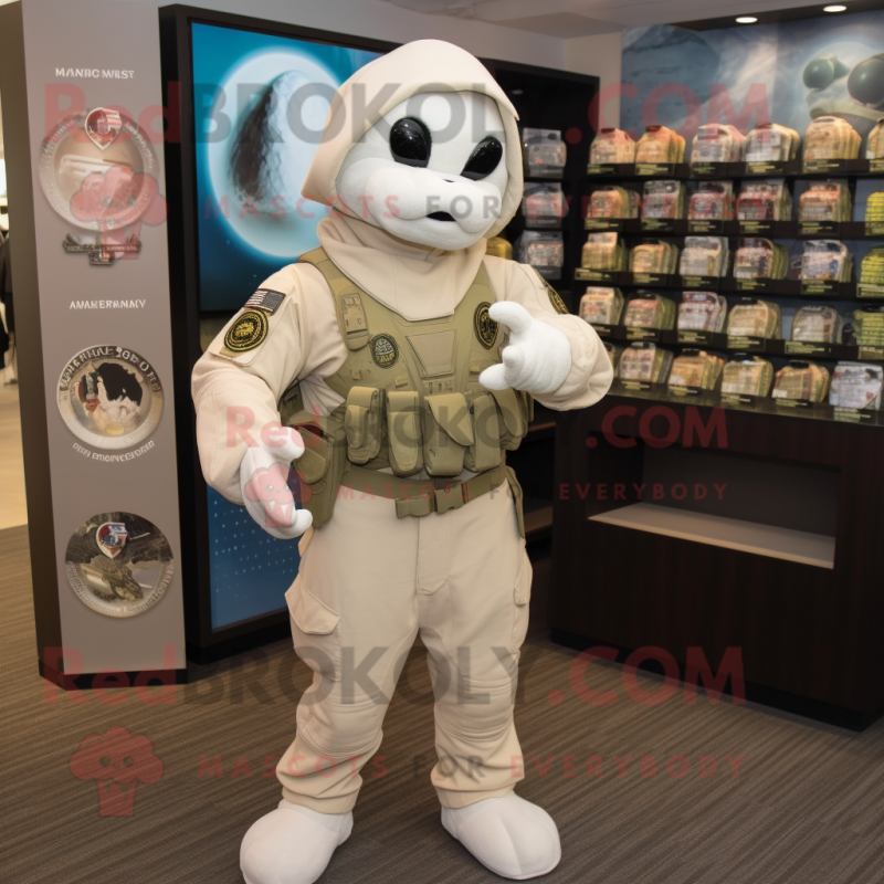 Cream Marine Recon mascot costume character dressed with a Romper and Coin purses