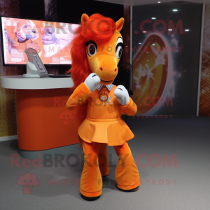 Orange Mare mascot costume character dressed with a Playsuit and Shawl pins