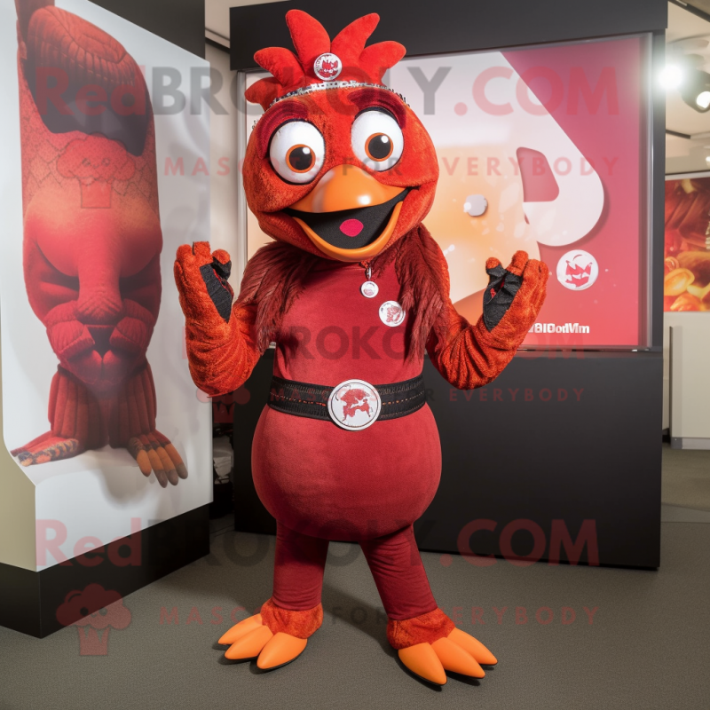 Rust Tandoori Chicken mascot costume character dressed with a Leggings and Rings Rust Tandoori Chicken mascot costume character dressed with a Leggings and Rings