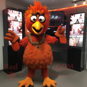 Rust Tandoori Chicken mascot costume character dressed with a Leggings and Rings