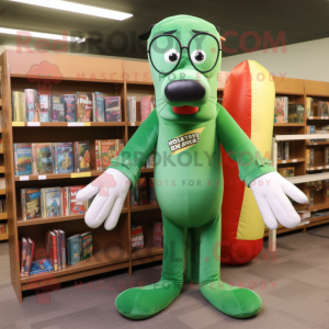 Green Hot Dogs mascot costume character dressed with a Graphic Tee and Reading glasses