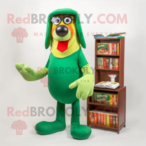 Green Hot Dogs mascot costume character dressed with a Graphic Tee and Reading glasses