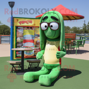 Green Hot Dogs mascot costume character dressed with a Graphic Tee and Reading glasses