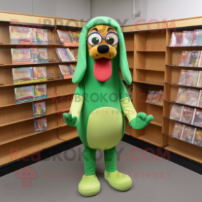 Green Hot Dogs mascot costume character dressed with a Graphic Tee and Reading glasses