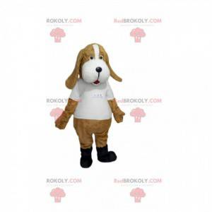 Mascote cachorro bege com uma camisa branca - Redbrokoly.com