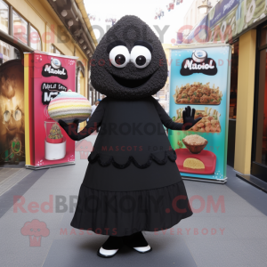 Black Falafel mascot costume character dressed with a Midi Dress and Clutch bags