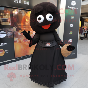 Black Falafel mascot costume character dressed with a Midi Dress and Clutch bags