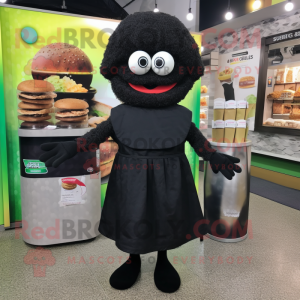 Black Falafel mascot costume character dressed with a Midi Dress and Clutch bags