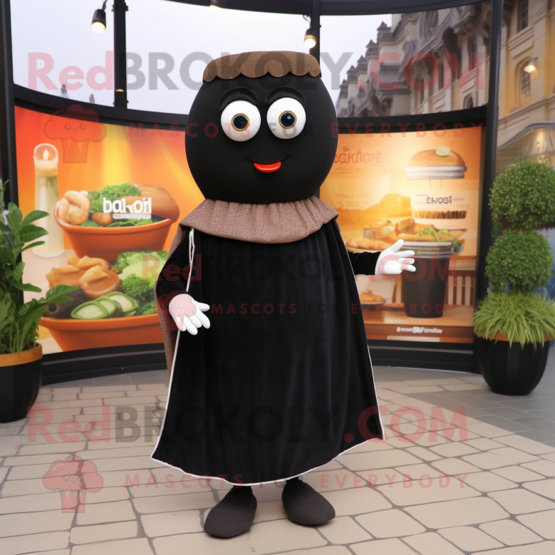 Black Falafel mascot costume character dressed with a Midi Dress and Clutch bags Black Falafel mascot costume character dressed with a Midi Dress and Clutch bags
