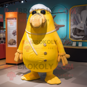 Yellow Walrus mascot costume character dressed with a Culottes and Brooches