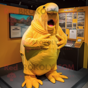 Yellow Walrus mascot costume character dressed with a Culottes and Brooches