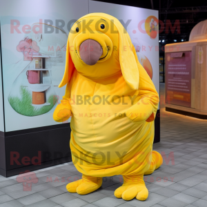 Yellow Walrus mascot costume character dressed with a Culottes and Brooches