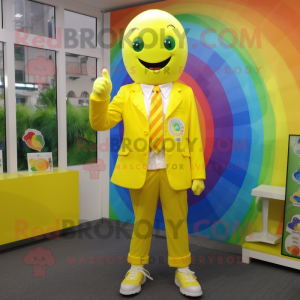 Lemon Yellow Rainbow mascot costume character dressed with a Jacket and Cufflinks