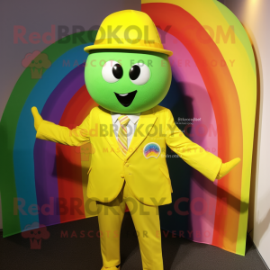 Lemon Yellow Rainbow mascot costume character dressed with a Jacket and Cufflinks