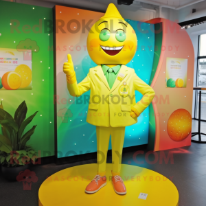 Lemon Yellow Rainbow mascot costume character dressed with a Jacket and Cufflinks