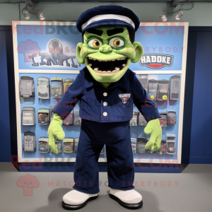 Navy Frankenstein mascot costume character dressed with a Oxford Shirt and Beanies