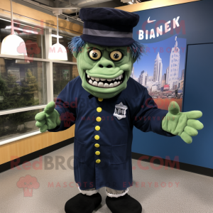 Navy Frankenstein mascot costume character dressed with a Oxford Shirt and Beanies