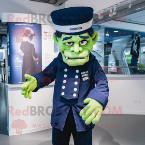 Navy Frankenstein mascot costume character dressed with a Oxford Shirt and Beanies