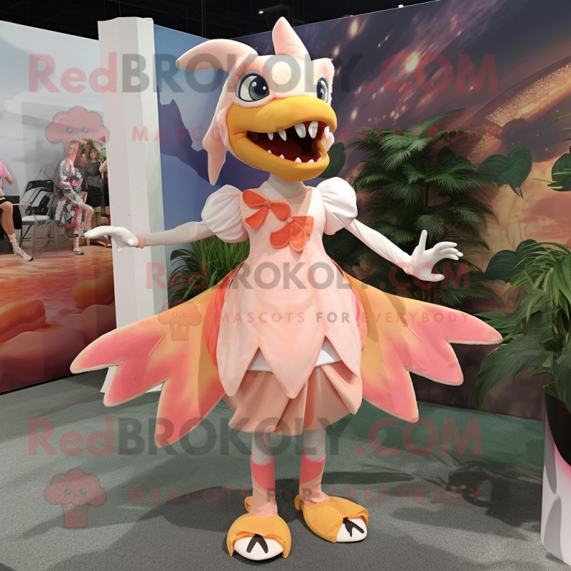 Peach Dimorphodon mascot costume character dressed with a Skirt and Foot pads