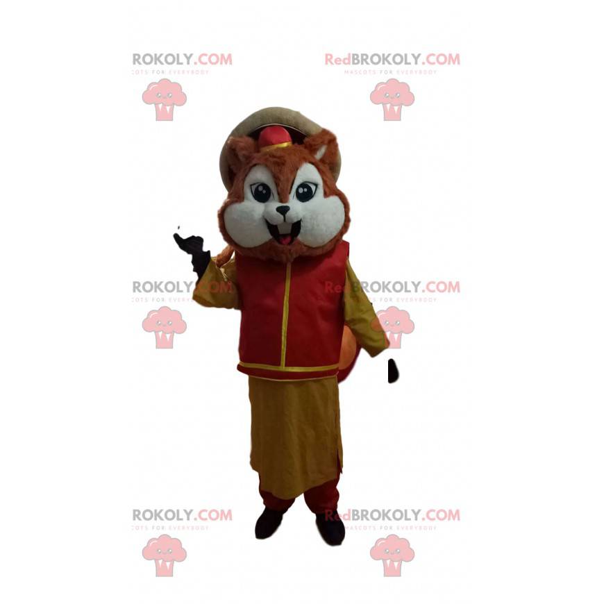 Little squirrel mascot with a traditional Asian outfit -