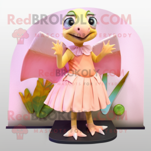 Peach Dimorphodon mascot costume character dressed with a Skirt and Foot pads