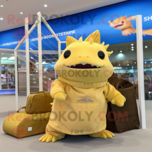 Gold Axolotls mascot costume character dressed with a Cover-up and Tote bags