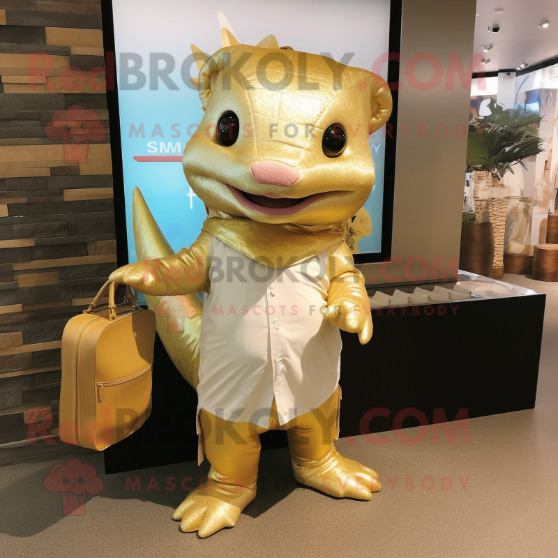 Gold Axolotls mascot costume character dressed with a Cover-up and Tote bags