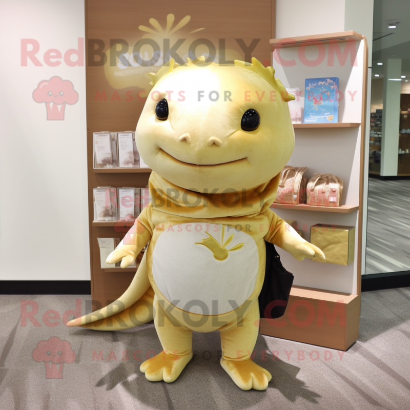 Gold Axolotls mascot costume character dressed with a Cover-up and Tote bags