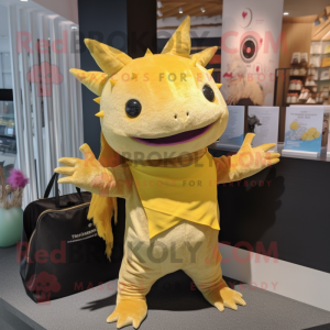 Gold Axolotls mascot costume character dressed with a Cover-up and Tote bags